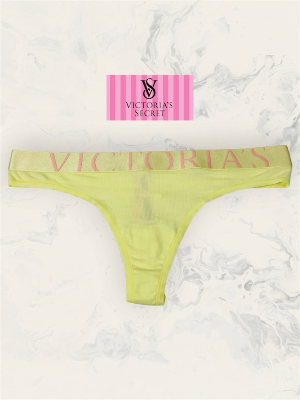 Victoria's Secret Size M Neon Yellow Thong Panty with Pale Pink Logo Waistband